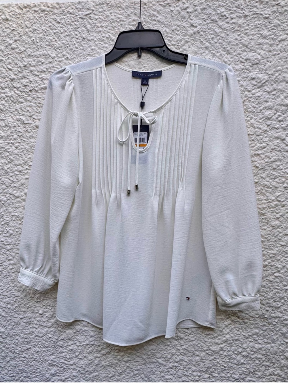 Tommy Hilfiger Cream Pintuck Tie-Neck Blouse